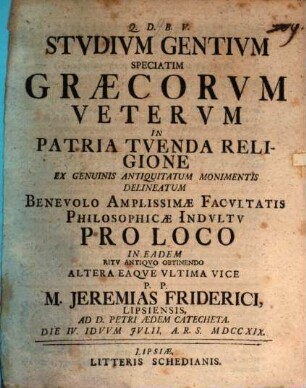 Studium gentium, speciatim Graecorum veterum in patria tuenda religione ex genuinis antiquitatum monimentis delineatum