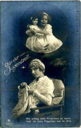 Frau und Mädchen, mit Vers