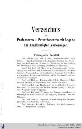 Verzeichnis der Professoren und Privatdocenten mit Angabe der angekündigten Vorlesungen.