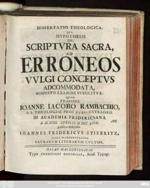 Dissertatio Theologica, Qva Hypothesis De Scriptvra Sacra, Ad Erroneos Vvlgi Conceptvs Adcommodata, Modesto Examini Svbiicitvr