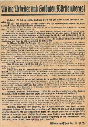"An die Arbeiter und Soldaten Württembergs!" Flugblatt des Aktionsausschusses der KPD zugunsten der Münchener Räterepublik