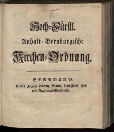 Hoch-Fürstl. Anhalt-Bernburgische Kirchen-Ordnung : [Bernburg, den 5ten Octobris 1750]