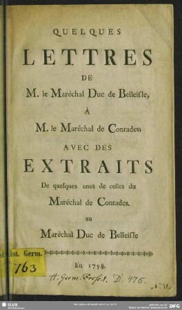 Quelques Lettres De M. le Marêchal Duc de Belleisle, À M. le Marêchal de Contades