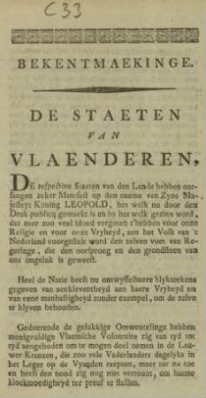 BEKENTMAEKINGE: DE STAETEN VAN VLAENDEREN, DE respective Staeten van den Lande hebben ontfangen zeker Manifest op den naeme van Zyne Majesteyt Koning LEOPOLD, [...]