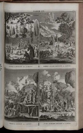 Planche LVI. : N. 1. Jumala Divinité des Lapons ; N. 2. Wiku-Accha Divinité des Lapons ; N. 3. Thoron Divinité des Lapons ; N. 4. Stor-Junkare Divinité des Lapons