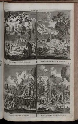 Planche LVI. : N. 1. Jumala Divinité des Lapons ; N. 2. Wiku-Accha Divinité des Lapons ; N. 3. Thoron Divinité des Lapons ; N. 4. Stor-Junkare Divinité des Lapons