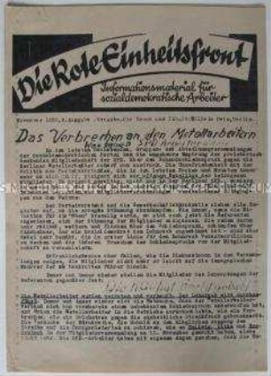 Hektografiertes Mitteilungsblatt der KPD für sozialdemokratische Arbeiter mit scharfer Polemik gegen die SPD-Führung