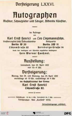 Autographen : Musiker, Schauspieler und Sänger, Bildende Künstler ; Versteigerung: 24. und 25. April 1922