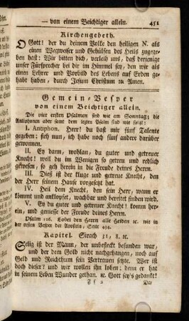 451-471, Gemein-Vesper von einem Beichtiger allein. Gemein-Vesper einer oder mehrerer Jungfrauen. Gemein-Vesper der HH. Weiber und Wittfrauen. Andachtsübungen auf die vier Quatember-Fasten.