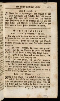 451-471, Gemein-Vesper von einem Beichtiger allein. Gemein-Vesper einer oder mehrerer Jungfrauen. Gemein-Vesper der HH. Weiber und Wittfrauen. Andachtsübungen auf die vier Quatember-Fasten.