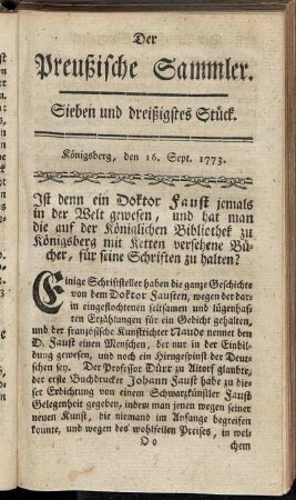 Sieben und dreißigstes Stück. Königsberg, den 16. Sept. 1773.