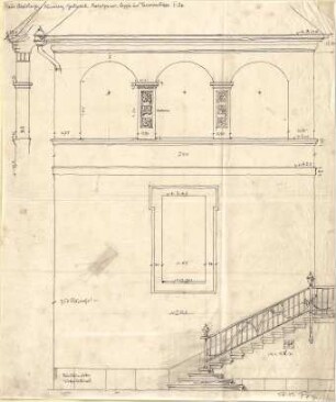 Fischer, Theodor; Nürnberg; Haus Adelsberger - Gartenseite - Hauptgesims, Loggia u. Terrassentreppe (Ansicht, Detail)