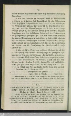 XV. Uebereinkunft zwischen Preußen und Frankreich wegen gegenseitigen Schutzes der Rechte an literarischen Erzeugnissen und Werken der Kunst. Vom 2. August 1862