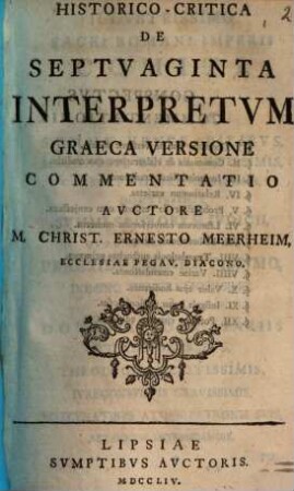 Historico-Critica De Septvaginta Interpretvm Graeca Versione Commentatio