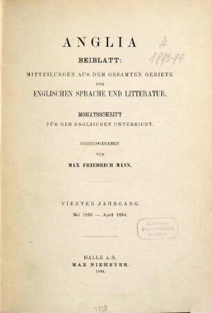 Mitteilungen aus dem gesammten Gebiete der englischen Sprache und Litteratur : Monatsschr. für d. engl. Unterricht. 4. 1893/94