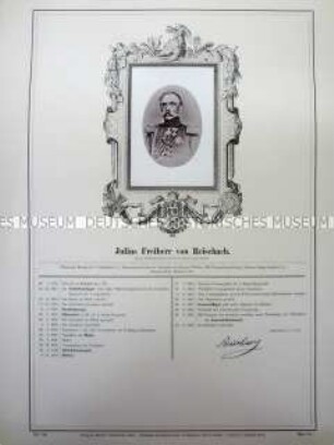 Porträt, Generalleutnant Julius Freiherr von Reischach in Uniform, Darstellung der militärischen Laufbahn, Deutsches Kaiserreich, 1878.