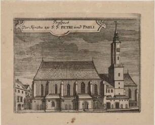 Die Klosterkirche (St. Petri und Pauli) in Zittau in der Oberlausitz im Zustand vor dem Bombardement 1757, aus Montalegres Sechs Stadt Zittau