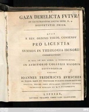 Diss. 1: De Gaza Derelicta Fvtvra Ad Illvstrandvm Locvm Zeph. II, 4. ...