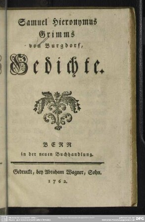 Samuel Hieronymus Grimms von Burgdorf, Gedichte