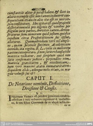 Caput I. De Notatione nominis, Definitione, Divisione & Causis
