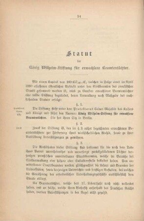 Statut der König Wilhelm-Stiftung für erwachsene Beamtentöchter