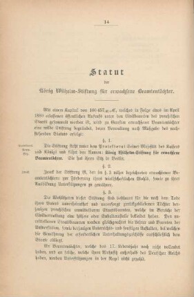 Statut der König Wilhelm-Stiftung für erwachsene Beamtentöchter