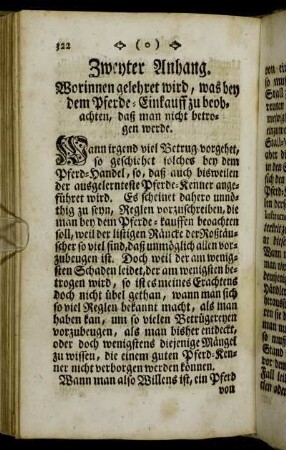 Zweyter Anhang. Worinnen gelehret wird, was bey dem Pferde-Einkauff zu beobachten, daß man nicht betrogen werde.