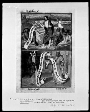 Die Weissagungen der elf(?) Sibyllen in ihren Beziehungen zur Bibel — Bildseite mit zwei Miniaturen, Folio 12verso