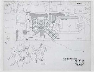 Wettbewerb Gymnasium Bückeburg, Vorschlag zum vollindustrialisierten Industriebau aus Stahl (nicht realisiert) – Lageplan. Bückeburg/Niedersachsen, Lulu-von-Strauß-und-Torney-Straße 30