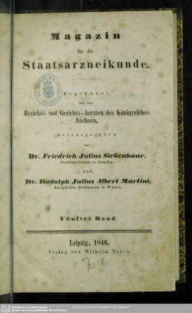 5.1846: Magazin für die Staatsarzneikunde