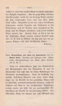 686-689 [Rezension] Grafe, Eduard, Über Veranlassung und Zweck des Römerbriefes