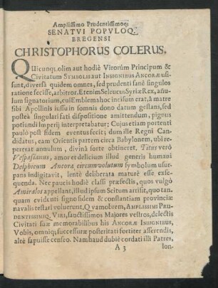 Amplissimo Prudentissimoq[ue] Senatui Populoq. Bregensi Christophorus Colerus.