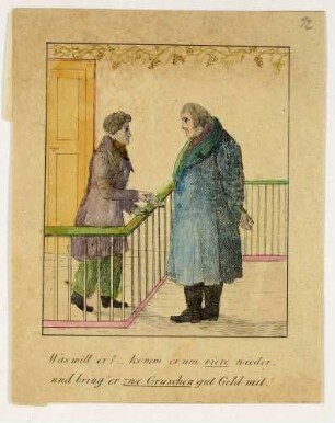 Humoristische, satirische Darstellung, Szene zweier Herren in Verhandlung (zu Zeiten der Napoleonkriege?)