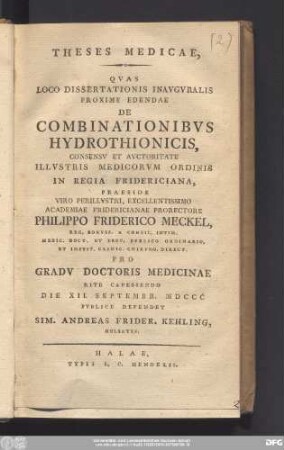 Theses Medicae, Qvas Loco Dissertationis Inavgvralis Proxime Edendae De Combinationibvs Hydrothionicis