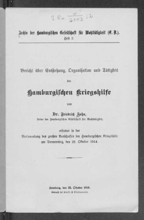 Bericht über Entstehung, Organisation und Tätigkeit der hamburgischen Kriegshilfe