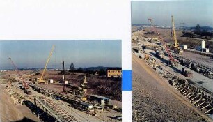 Engelbergbasistunnel im Bau Vor dem Nordportal. Montage des Förderbandes zum Abtransport des Erd- und Felsausbruchs aus dem Tunnel.