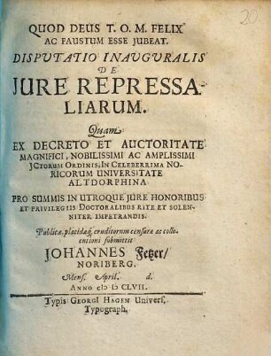 Dispvtatio Inavgvralis De Jure Repressaliarum