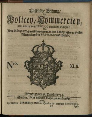 Nro. XLII, Montags, den 18. October 1734