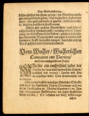 Vom Wucher/ Wucherlichen Contracten und Partiten/ auch von nachgelassenen Zinsen.