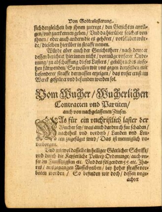 Vom Wucher/ Wucherlichen Contracten und Partiten/ auch von nachgelassenen Zinsen.
