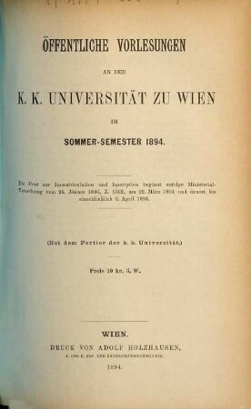 Vorlesungsverzeichnis. 1894/95. WS