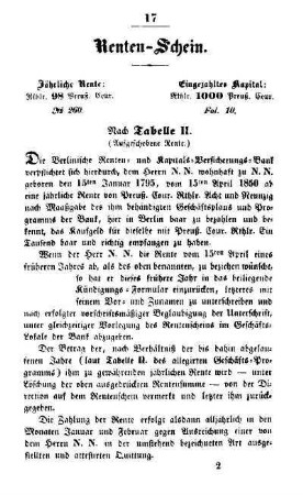 Renten-Schein. Nach Tabelle II. (Aufgeschobene Rente)