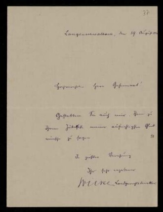Brief von Richard Wilke an Otto von Gierke, Langenschwalbach, 19.8.1910