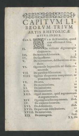 Capitvm Librorvm Trivm Artis Rhetoricae Hvivs Index.