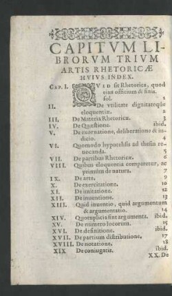 Capitvm Librorvm Trivm Artis Rhetoricae Hvivs Index.