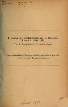 Ergebnisse der Schutzpockenimpfung im Königreiche Bayern für das Jahr.... 1893 (1894)