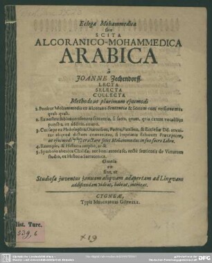 Eclogae Mohammedicae sive scita Alcorano-Mohammedica Arabica