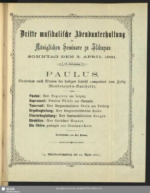 Dritte musikalische Abendunterhaltung im Königlichen Seminare zu Zschopau Sonntag den 3. April 1881