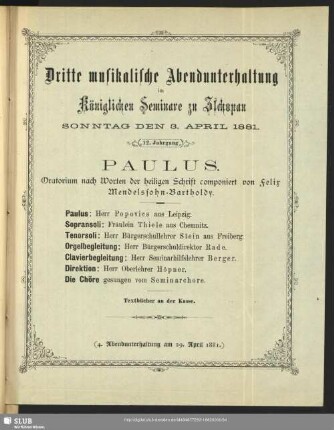 Dritte musikalische Abendunterhaltung im Königlichen Seminare zu Zschopau Sonntag den 3. April 1881