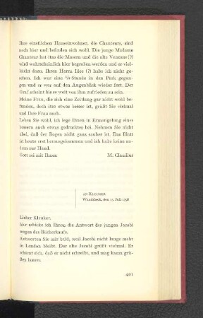 An Kleuker Wandsbeck, den 15. Juli 1796